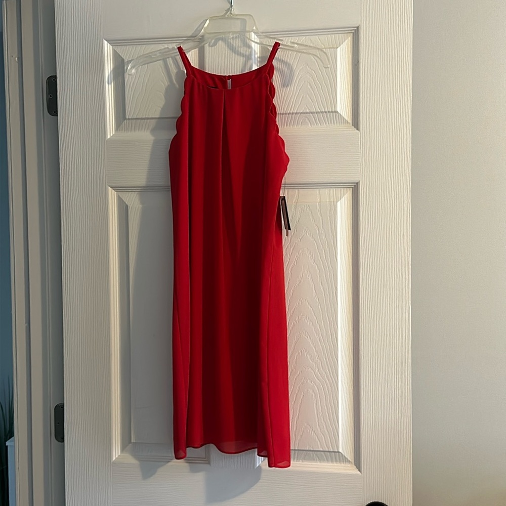 Red dress, right above the knee length (29 inches)